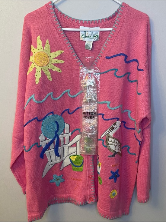 The Quacker Factory Sweaters - The Quacker Factory Novelty Embroidered Beach Pink Button Up Sweater NWT